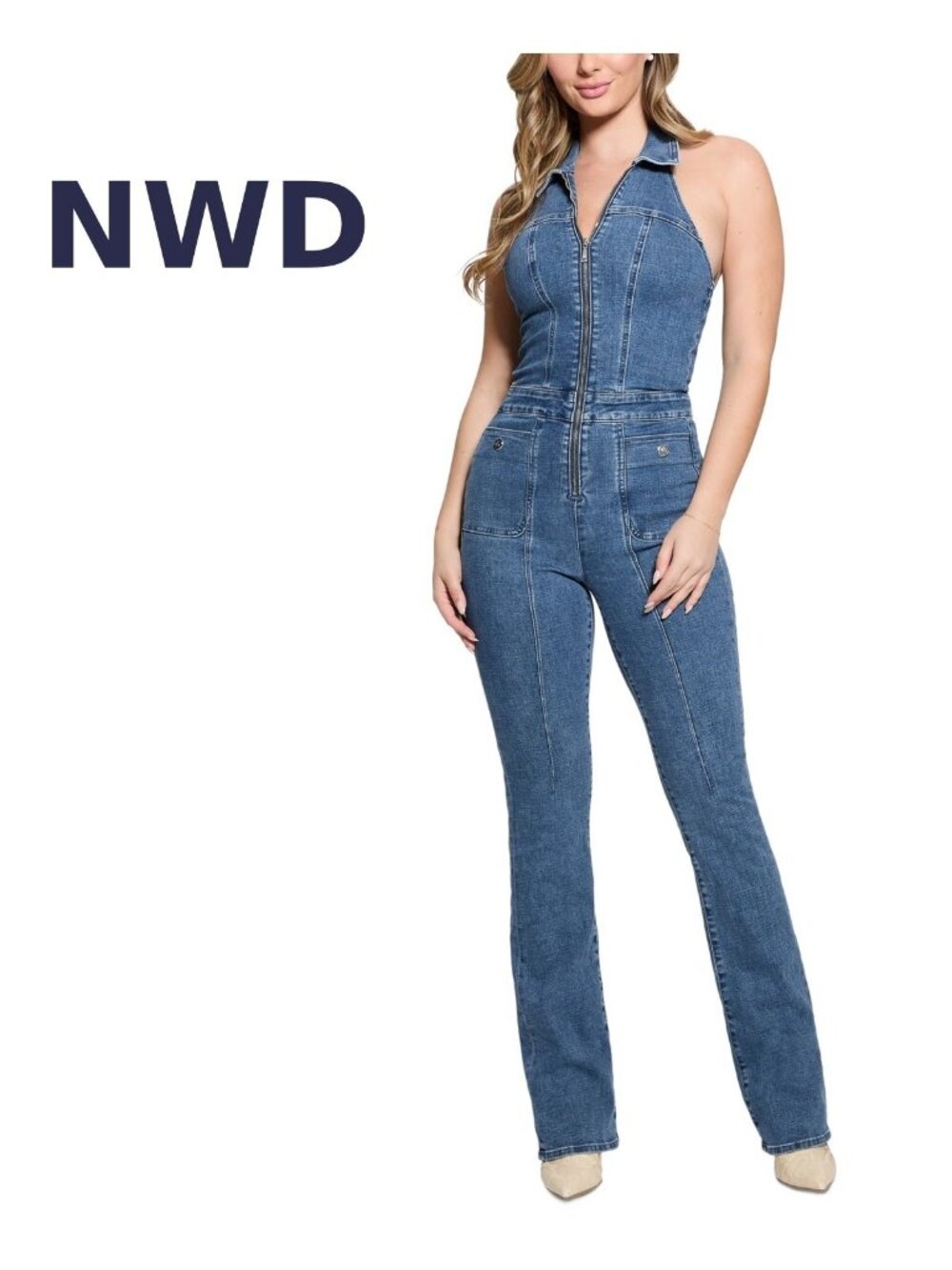 GUESS *Defect* Women Mia Denim Collared Halter Jumpsuit SALE Blue Size M/32 $188